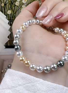 施家珍珠手链女正圆强光轻奢小众精致糖果色手串叠戴