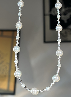 碎银子极光正圆珍珠项链 镀银可调节轻奢锁骨链女满天星精致时尚