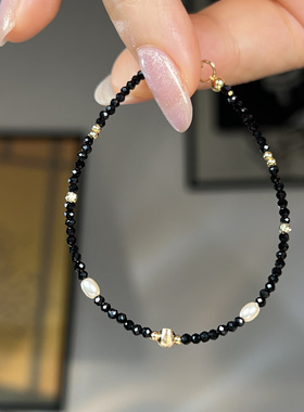 天然黑尖晶石串珠手链女 极细叠戴珍珠手串 简约轻奢搭配OL时尚