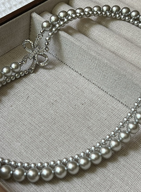 双层蝴蝶结灰珍珠项链 大溪地施家珠锁骨链女轻奢毛衣链choker链