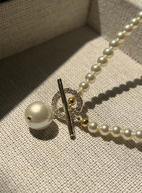 暖黄极细baby珠珍珠项链 镶钻OT扣项链轻奢小众设计ins锁骨链女