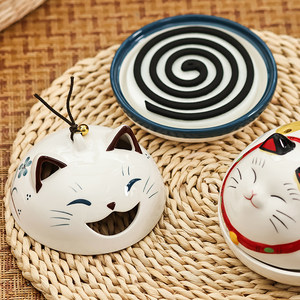 日本进口药师窑蚊香器香炉手作陶瓷驱蚊器香薰炉可爱猫咪香盒摆件