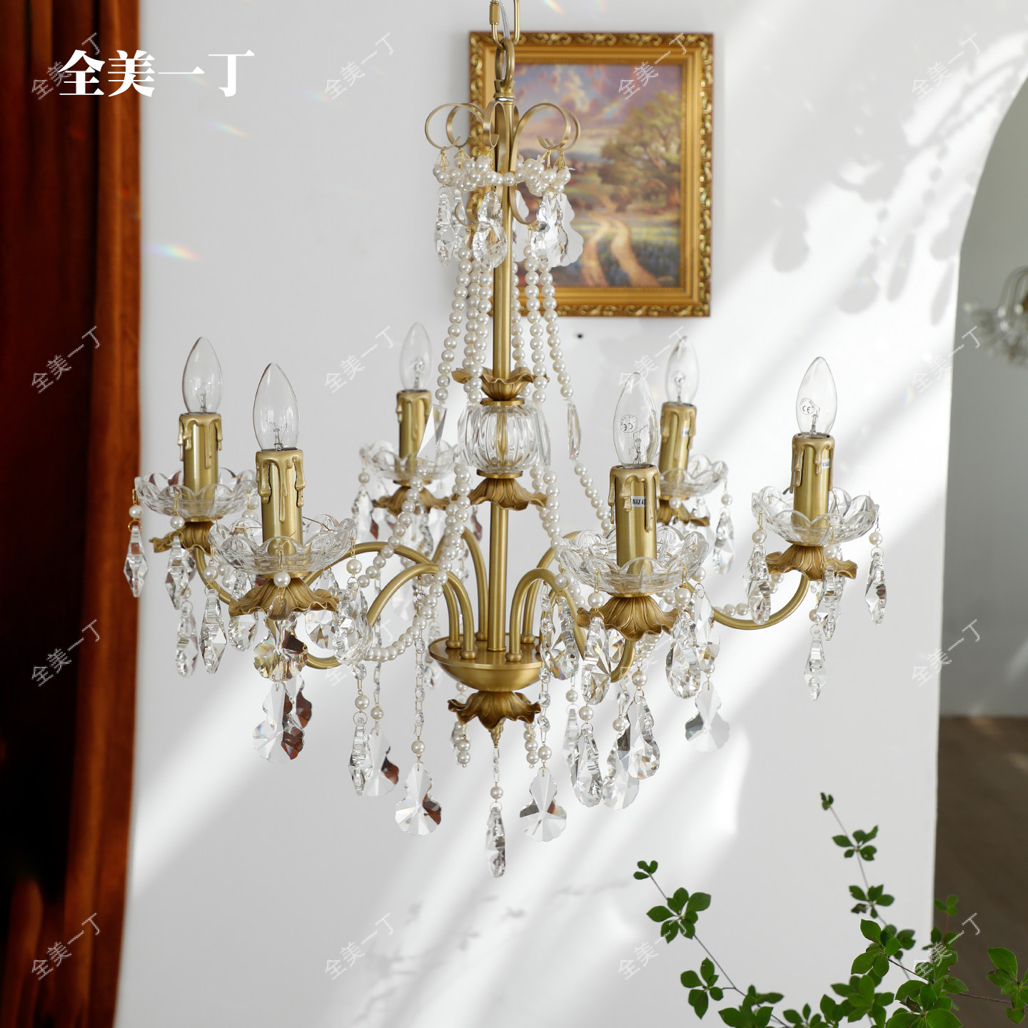全美一丁法式复古黄铜水晶珍珠吊灯 浪漫水晶蜡烛灯餐厅卧室吊灯,淘宝优惠券,粉丝福利购,淘宝优惠卷
