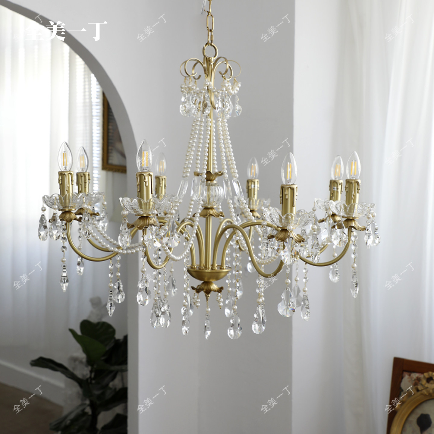 全美一丁法式复古黄铜水晶珍珠吊灯 浪漫水晶蜡烛灯餐厅卧室吊灯,淘宝优惠券,粉丝福利购,淘宝优惠卷
