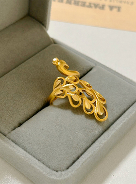 婚戒女沙金长款花朵戒指镀真金保色小众设计饰品高级感礼物