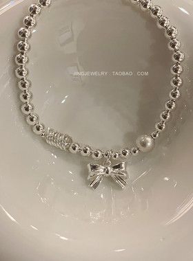 S925纯银小众款蝴蝶结手链女磨砂圆球少女简约儿童手串