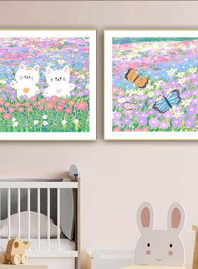繁华伴鹅行手绘小清新插画免打孔装饰画小众艺术花海卧室挂画海报