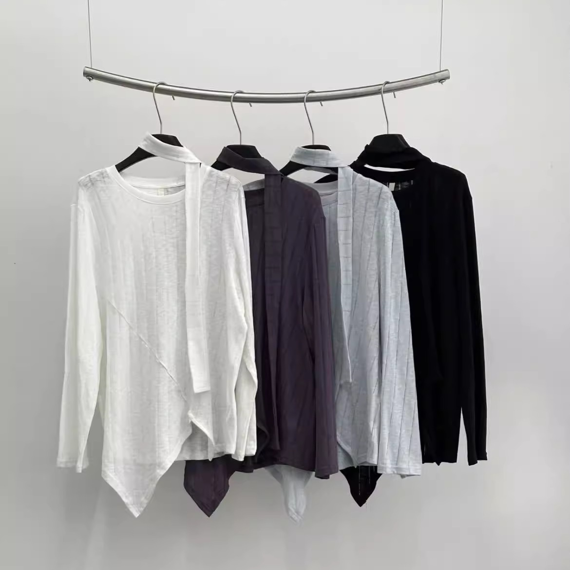 BABESTYLE |“长期主义”轻废土风不规则剪裁显瘦薄针织衫配飘带 - 图3