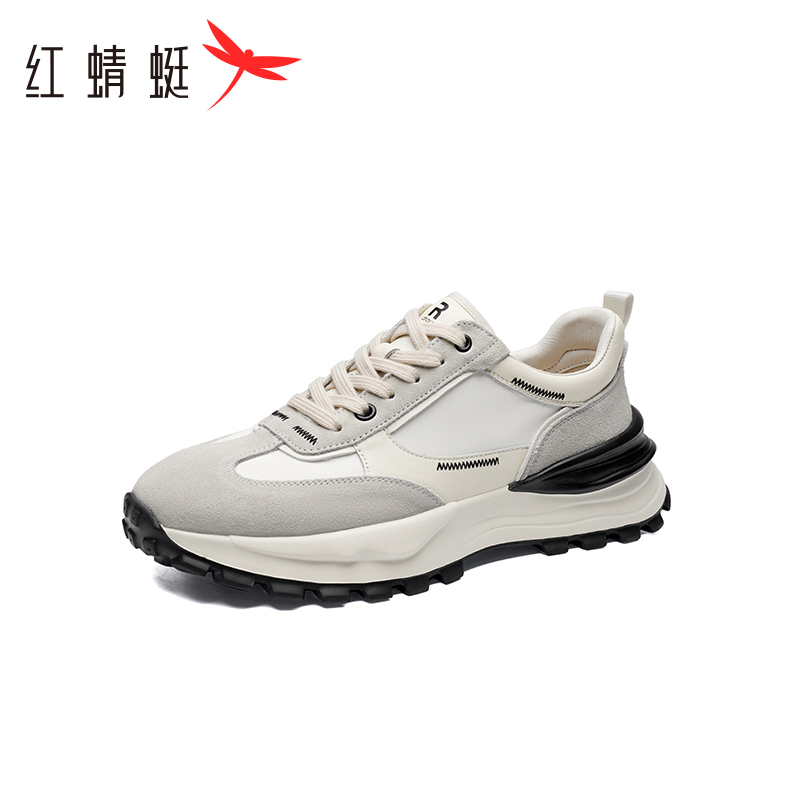 红蜻蜓春秋季男士舒适真皮拼接板鞋圆头休闲轻便透气系带运动鞋男 - 图3