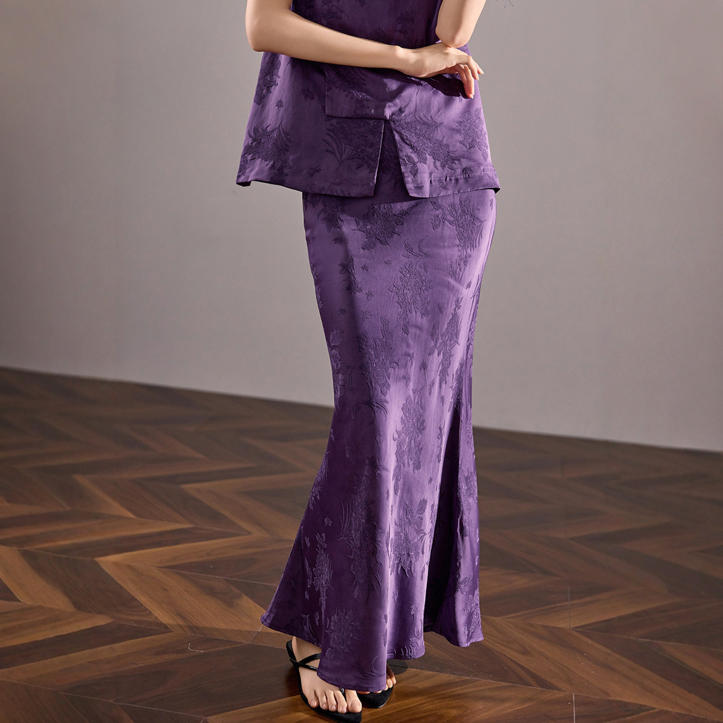 弥蝶【香炉紫烟】新中式人丝提花套装立领盘扣马甲修身包臀半身裙,淘宝优惠券,粉丝福利购,淘宝优惠卷