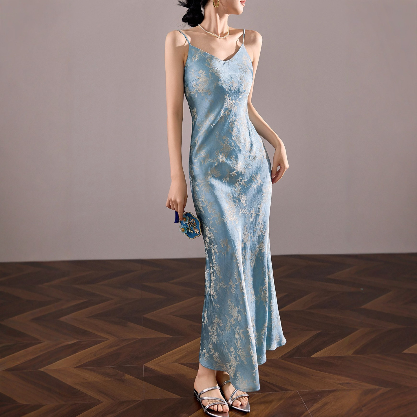 弥蝶【蓝金竹韵】新中式提花吊带长裙2026夏季国风显瘦内搭连衣裙,淘宝优惠券,粉丝福利购,淘宝优惠卷