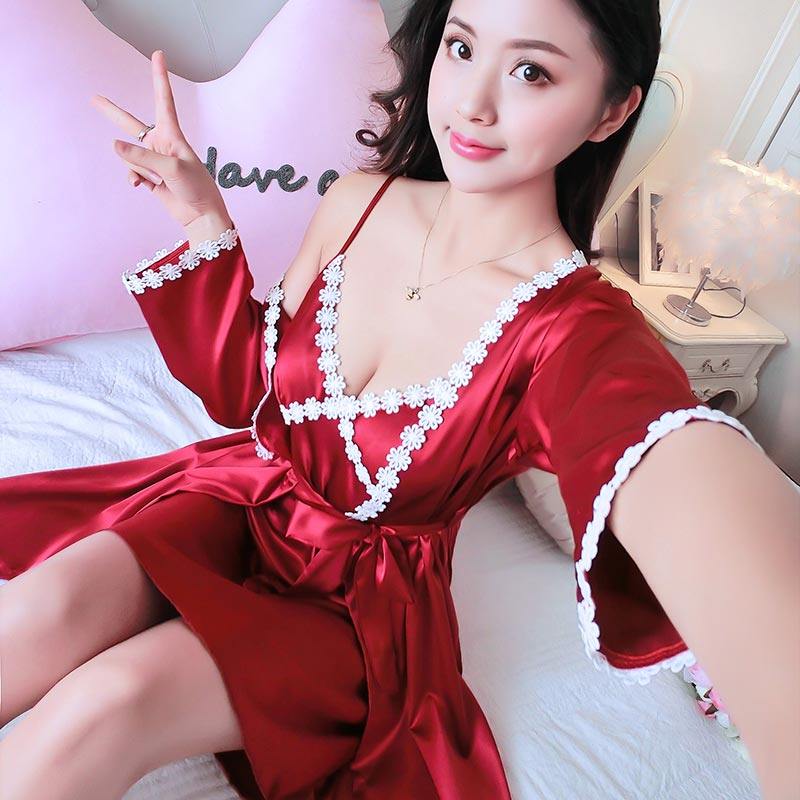 夏季性感短袖吊带两件套冰丝绸睡裙 真念薇睡裙