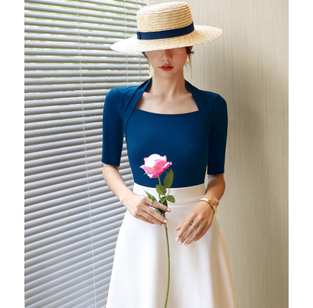 Hepburn style retro elegant square collar T-shirt for women's summer clothing