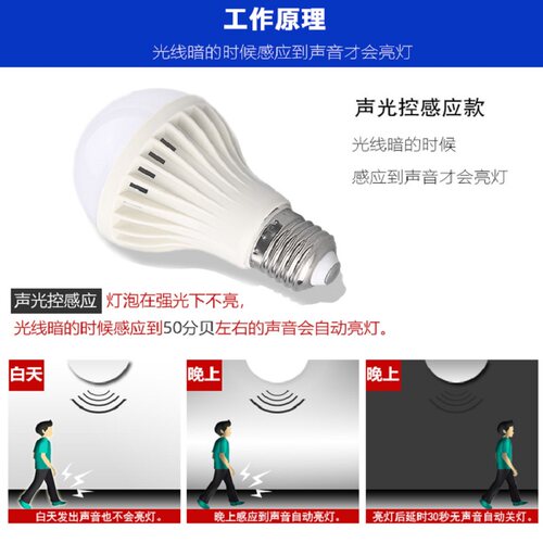 冠菲led声光控灯泡E27螺口声控灯小区楼道感应灯超亮声光控LED灯 - 图2