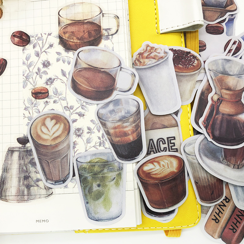 很文艺的咖啡手帐本贴纸素材包 套装复古小清新透明食物日记装饰 - 图1