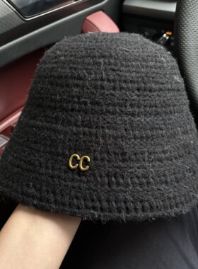 日系粗线针织保暖渔夫帽女春秋冬新款时尚简约布标防寒护耳水桶帽