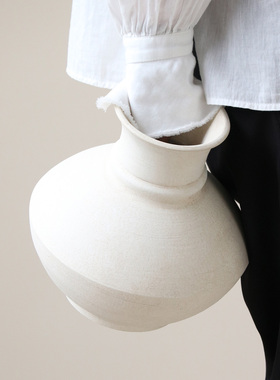 米子家居中古白色粗陶罐花瓶摆件