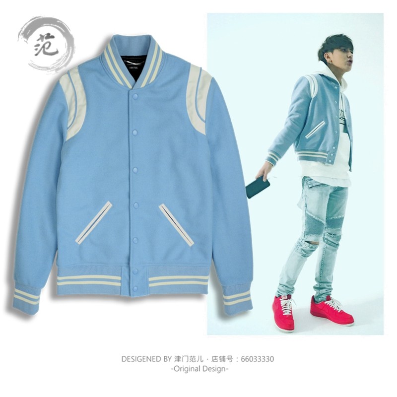 津范 slp风黑白针织羊绒真皮拼接蓝色外套男女