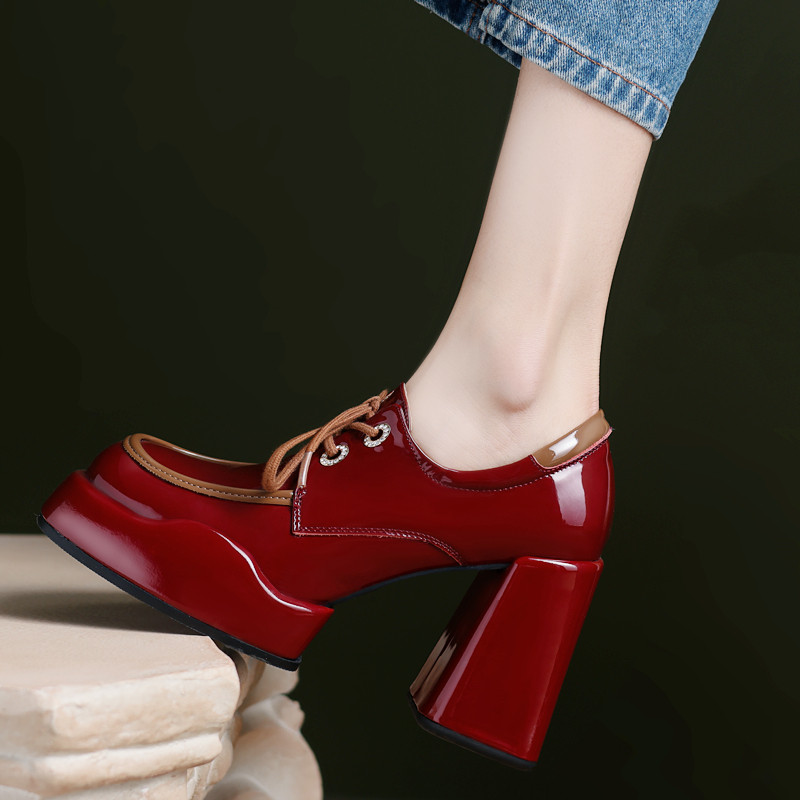 2023年新款厚底系带深口单鞋女真皮方头防水台粗跟高跟大头小皮鞋,淘宝优惠券,粉丝福利购,淘宝优惠卷