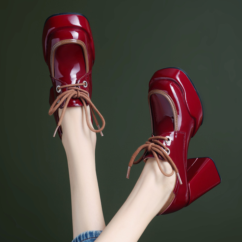 2023年新款厚底系带深口单鞋女真皮方头防水台粗跟高跟大头小皮鞋,淘宝优惠券,粉丝福利购,淘宝优惠卷