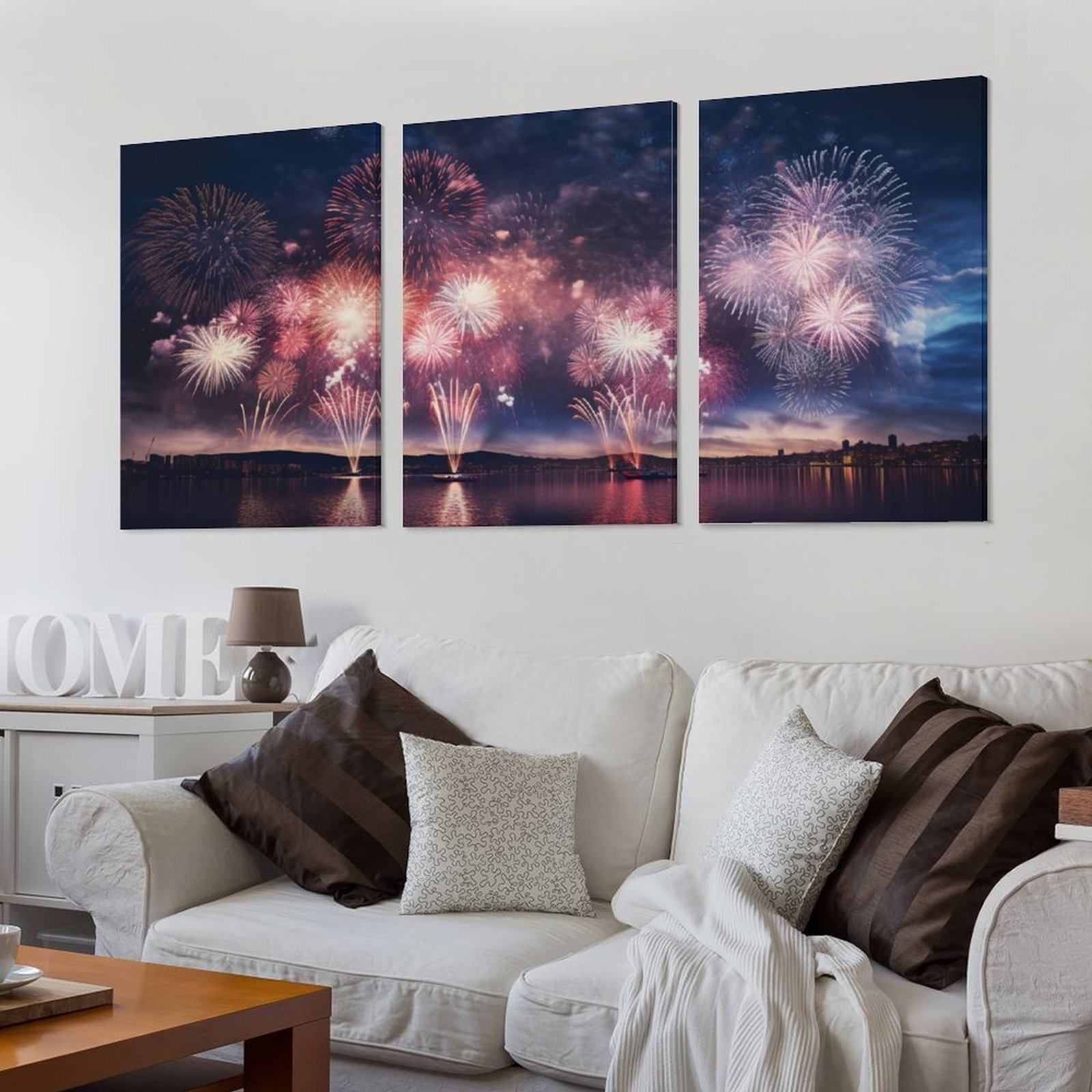 烟花多彩天空夜晚展示庆祝节日背景墙帆布无框画三联组合装饰挂画,淘宝优惠券,粉丝福利购,淘宝优惠卷