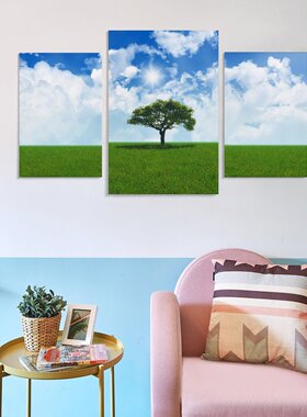 草原蓝天白云田野绿色树木房间背景墙帆布无框画三联组合装饰挂画