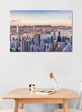 香港维多利亚港城市霓虹夜景街景客厅背景墙帆布无框画装饰挂画