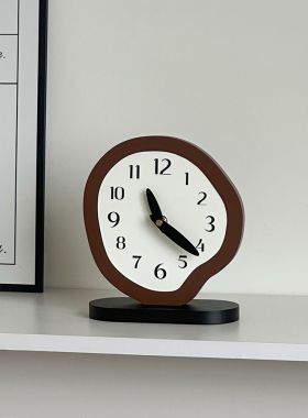 中古风不规则圆形时钟玄关客厅复古桌面装饰摆件办公室创意闹钟