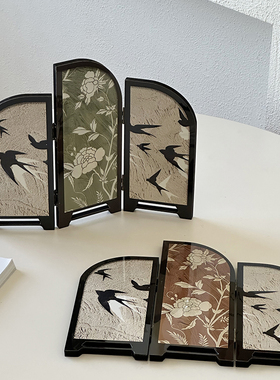 摆画中国风木质折叠屏风桌面摆件复古花鸟三联画茶室装饰乔迁送礼