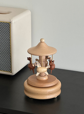 复古怀旧木质旋转木马动物摆件桌面装饰品创意工艺品马年礼物高级