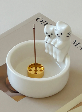韩系可爱猫陶瓷香托九孔香插摆件香座桌面茶室装饰新家100个快递