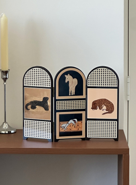 木中古风屏风桌面摆件客厅玄关书房柜子装饰品装饰画拍照道具礼物