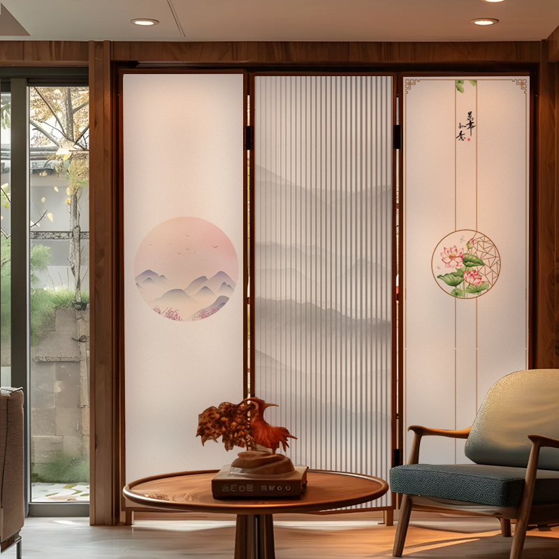 玻璃门窗贴纸中国风新中式客厅窗户遮光卫生间防走光防窥视磨砂膜 - 图0