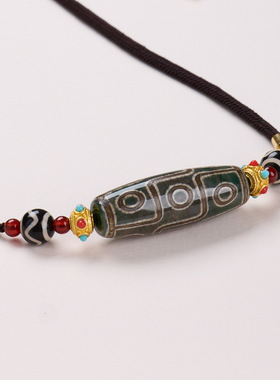 藏式复古九眼天珠项链女编织新中式藏青色玛瑙天珠毛衣锁骨链