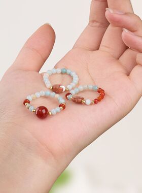 亚马逊石红玛瑙戒指女新中式小众感情侣宝石新年手饰戒子