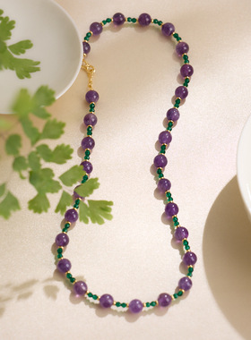 工厂直供天然8mm紫水晶项链女九紫离火感水晶项链锁骨链