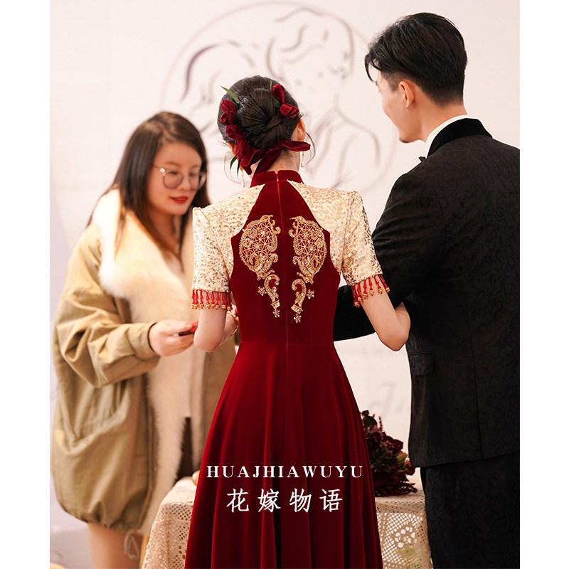 中式新娘2023新款酒红色旗袍敬酒服 花嫁物语礼服/晚装