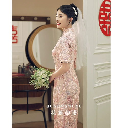 Вечернее платье, ципао, розовое свадебное платье для невесты, китайский стиль, коллекция 2023, яркий броский стиль, изысканный стиль