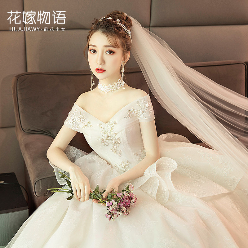 宫廷2020新款赫本风一字肩法式婚纱 花嫁物语婚纱
