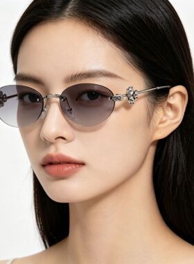 无框椭圆太阳镜时尚镶钻女士欧美