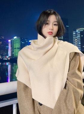 高领开叉气质针织毛线纯色护颈披肩女秋冬季优雅户外搭配外套披肩