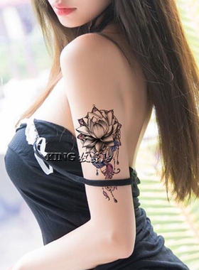 KING纹身贴 防水女持久 手绘 羽毛图腾 莲花 红色 刺青 性感 仿真