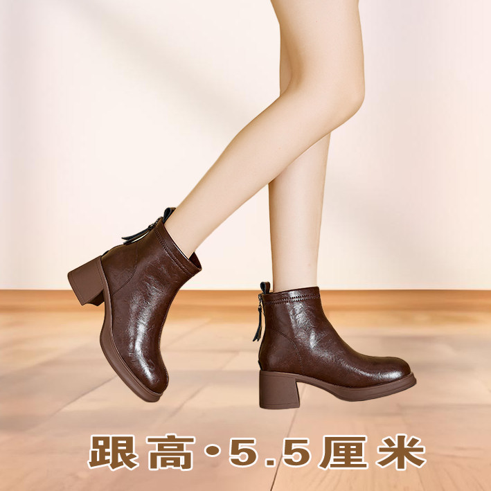 马丁靴女款2025新款真皮靴女中高跟单靴棉靴女韩版休闲女鞋后拉链,淘宝优惠券,粉丝福利购,淘宝优惠卷