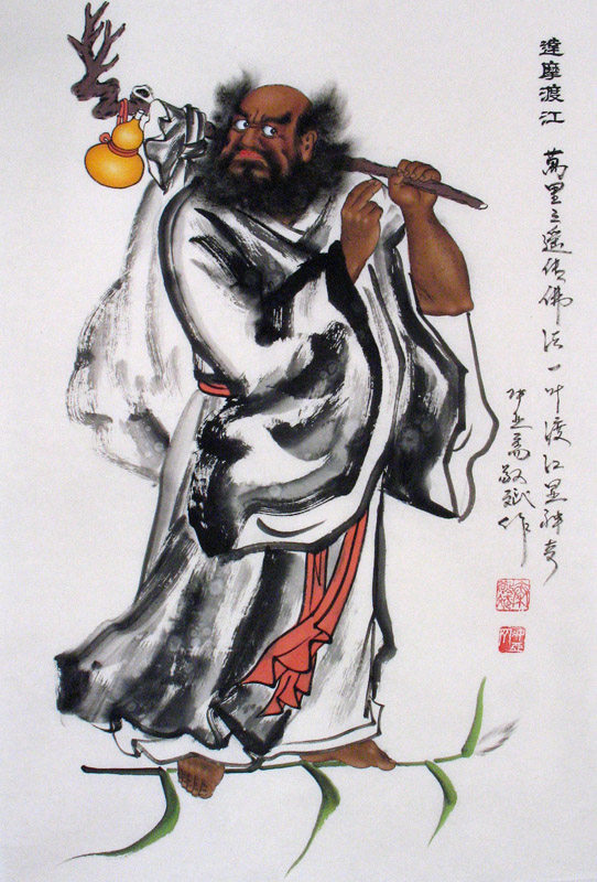 秦敬斌作品手绘真迹人物画四尺三开达摩画像 达摩渡江 书房装饰画