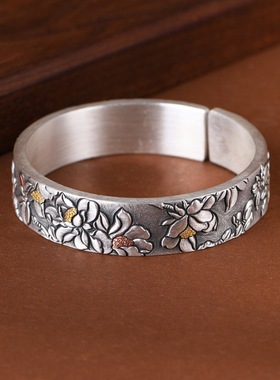 足银手镯小众设计开口格桑花镯子