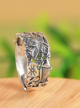 小众设计莲花金鱼女士国风银戒指