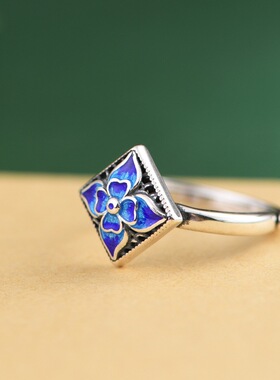 景泰蓝国风烧蓝小众设计纯银戒指