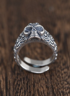 古银铺纯银复古骷髅戒指指环朋克