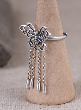 复古开口文艺风流苏蝴蝶银戒指