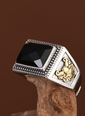 切面黑玛瑙复古工艺方形银饰戒指